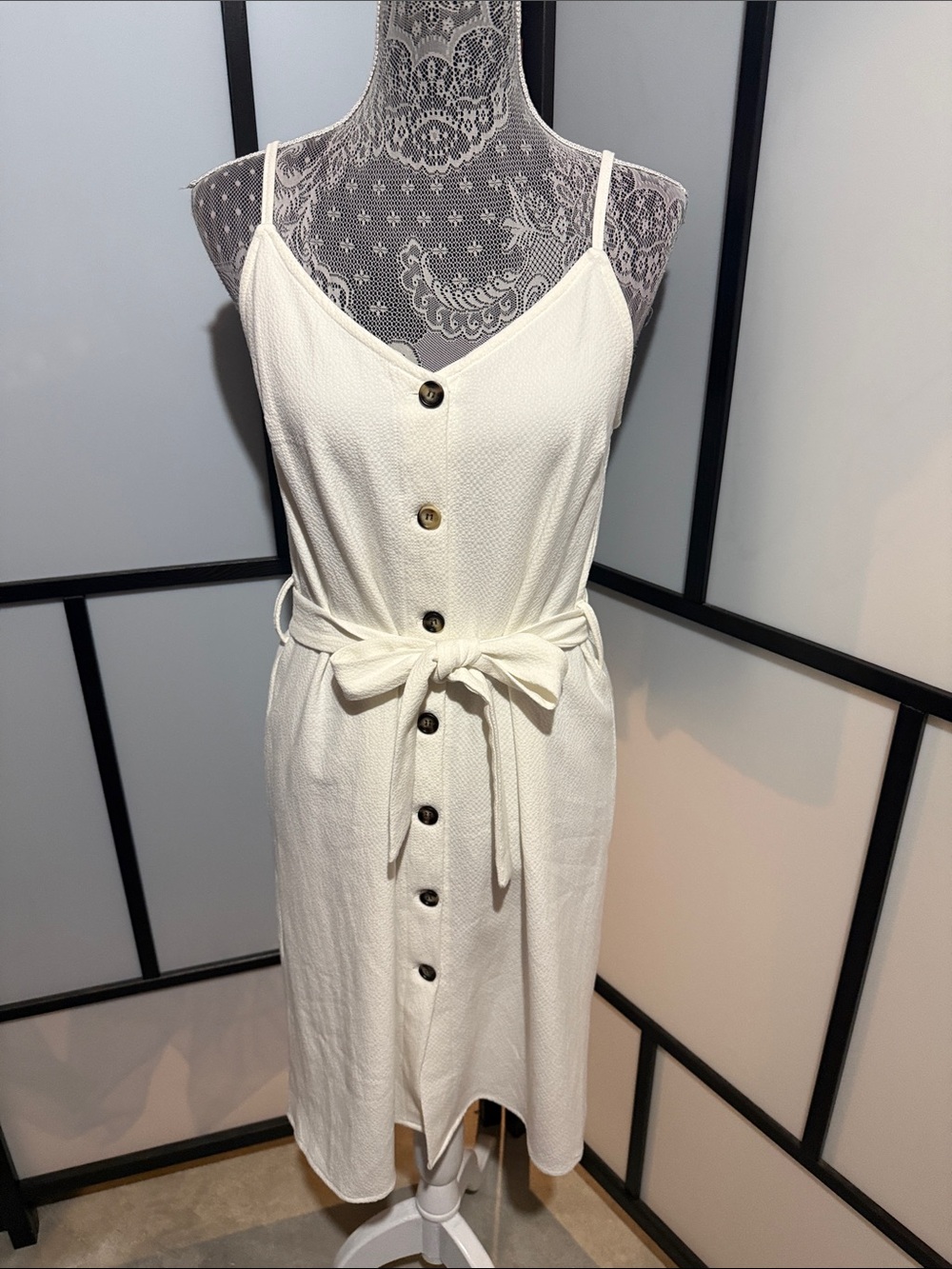 Cream Button-Front Midi Dress with Tie Waist and Spaghetti Straps